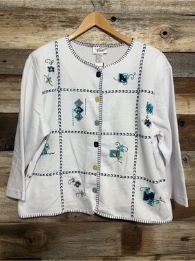 Teddi White Cardigan with Blue and Green Embroidery